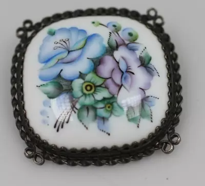 Vintage Antique Hand Painted Porcelain Blue Flowers Brooch Pin Silver Tone • $19.99