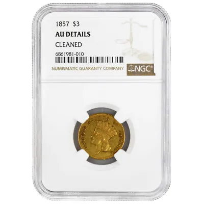 1857 $3 Three Dollar NGC AU Details Cleaned Rare Coin • $1275