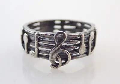 Vintage Music Note Sterling Silver 6mm Eternity Band Ring Sz 6.5 • £26.55