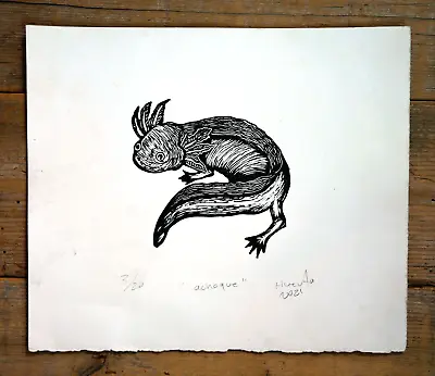 Axolotl Endangered Salamander Art Print Woodcut Hand Printed Mexican Folk Art • $35