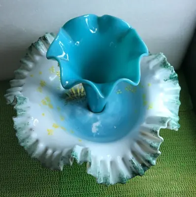 Antique BLOWN MILK GLASS PAINTED ENAMEL Epergne 9  Bowl & BLUE HORN Marriage • $54