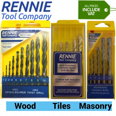 Rennie Tool Drill Bit Set Multi Purpose Metal Masonry Wood HSS Steel Tile Glass • £6.99