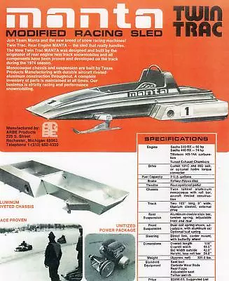 Rare Manta Twin Trac Racing Snowmobile Brochure Copy • $20.89