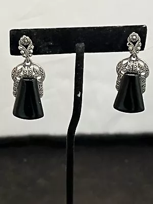 Vintage Sterling Silver Art Deco Dangle Earrings Black Onyx Marcasite Jewelry  • $19.95