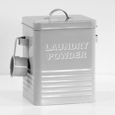 Grey Laundry Powder Tabs Pods Storage Tin Scoop Container Holder Utility Box • £20