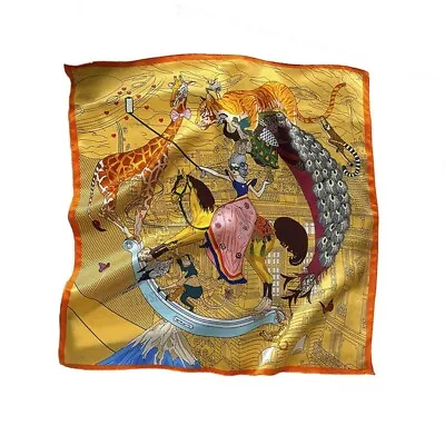 100% Mulberry Silk 20  Square Scarf Women Neckerchief Wrap Yellow Circus Animal • $11.07