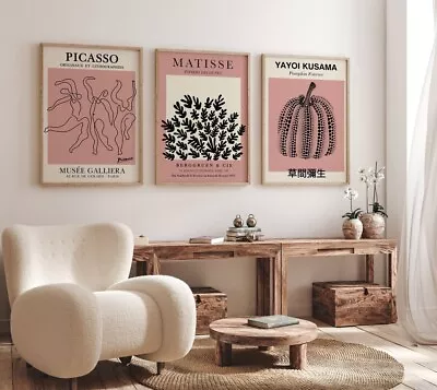 £23.99 • Buy Pastel Pink Matisse Picasso Yayoi Kusama Wall Art Set Of 3 Gallery Wall Posters