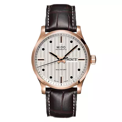 Mido Multifort Classic Rose Gold Bezel Brown Strap Mens Watch M0054303603180 • $1010