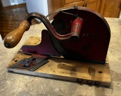 $75 • Buy Antique Red Alexandra Hand Crank Meat Slicer Wooden Folding Base