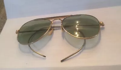 Vintage Shooter Aviator Sunglasses Gold Wire Frames Light Green Lens Wrap Around • $25