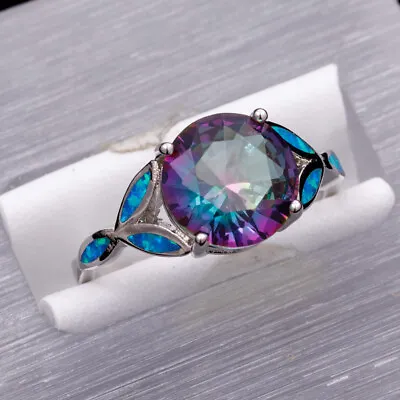10mm Round Rainbow Mystic Topaz Blue Fire Opal Silver Jewelry Ring Size 7 8 9 10 • $4.99