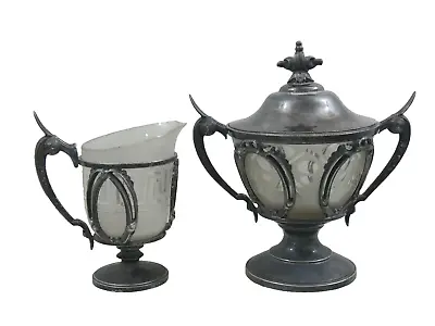 Fine Antique Silver Plated Sugar Creamer Set Original Frosted Glass Inserts 1870 • $125