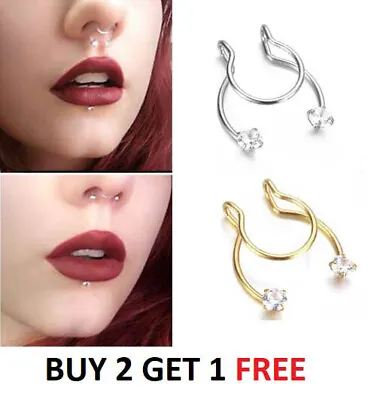 Fake Nose Ring SLIDE UP Crystal Nose Ring Non-Piercing Nose Hoop Faux Clip • £3.99