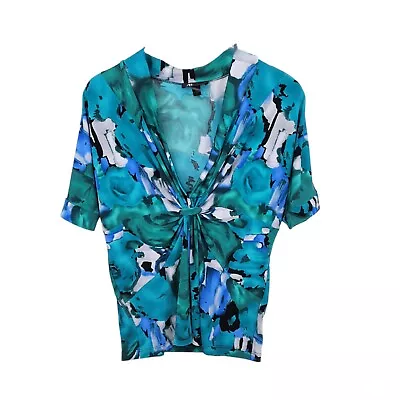 AB Studio Blouse Womens XL Short Sleeve V Neck Stretch Ruched Front Floral Top  • $10.98