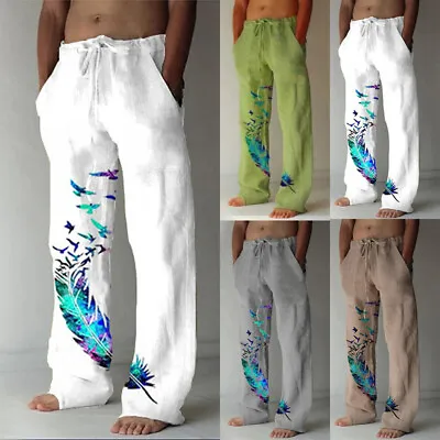 $18.51 • Buy Mens Retro Cotton Linen Baggy Trousers Beach Casual Drawstring Loose Pants Yoga