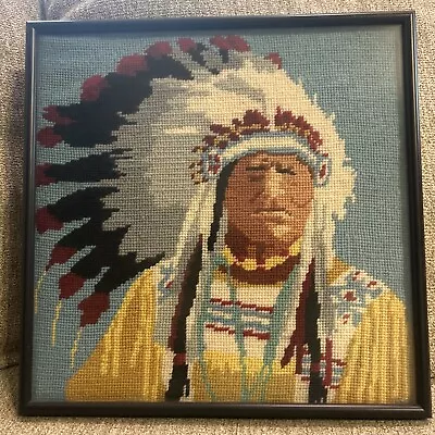 Vtg Native American Indian Chief Needlepoint Framed 12 X 12 Wall Art • $35