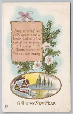 Holiday~Flowers & Pine Branches~Home By Lake New Year~Stecher Vintage Postcard • $1.35