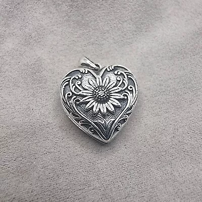 Retro Sunflower Heart Locket 925 Sterling Silver Keepsake Photo Box • £35.88