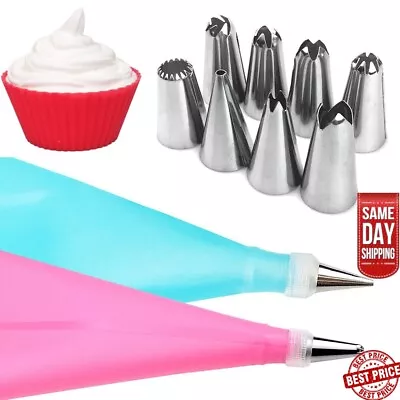 Silicone Icing Piping Cream Pastry Cake With Steel Nozzles 10 Piece Set Bake  • £2.95