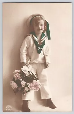 Postcard RPPC Photo Child In Sailor Suit With Flowers Antique Colored Unposted • £11.52