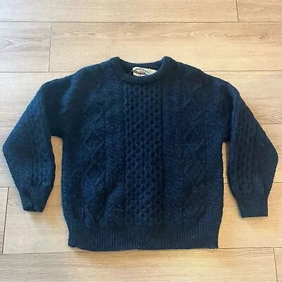 Vintage Arancrafts Navy Blue Irish Wool Cable Knit Crew Neck Sweater Size L • $65