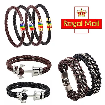 4 Styles Unisex Leather Braided Wristband Bracelet Stainless Steel Clasp 2021 • £3.99