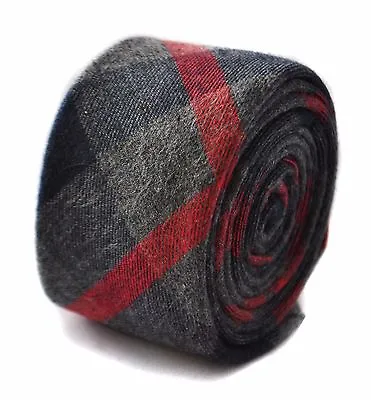 £14.99 • Buy Frederick Thomas Designer Tweed Wool Mens Tie - Dark Grey & Red - Check Skinny