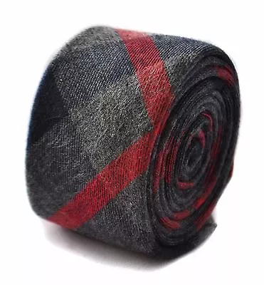 £15.99 • Buy Frederick Thomas Designer Tweed Wool Mens Tie - Dark Grey & Red - Check Skinny