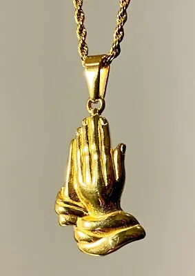 Mens 14k Gold Religious Christian Jewelry Praying Hands Pendant Rope Necklace • $23.99