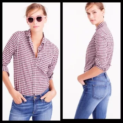 J.Crew Boy Shirt In Crinkle Gingham Burgundy Size 6 • $33