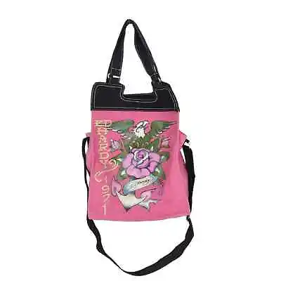 ED HARDY Pink Black Canvas Crossbody Tote Book Laptop Bag Y2K Eagle Rose 16x12  • $35