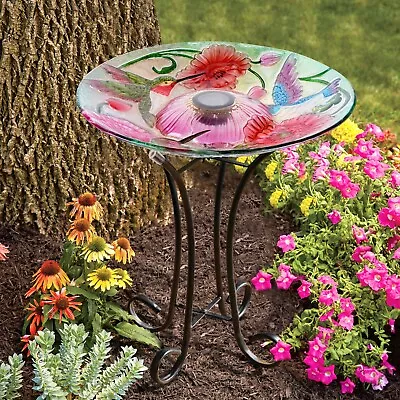 Solar Glass Bird Bath W/Metal Stand-Hummingbird &Poppies Summer Garden Decor • $71.19