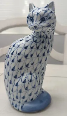$24.95 • Buy Andrea By Sadek Porcelain Hand Painted Cat Figurine Blue White Fishnet 7 1/2 