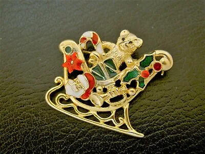$5.58 • Buy Festive Santa Sleigh Teddy Bear Candy Cane Gift Enamel Gold Tone Pin Brooch-1.5 