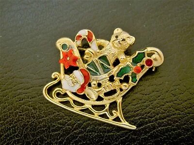 $5.58 • Buy Festive Santa Sleigh Teddy Bear Candy Cane Gift Enamel Gold Tone Pin Brooch-1.5 