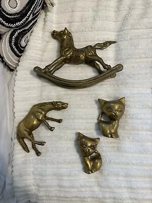 Lot Of 4 Vintage Brass Animal Figurines Ornate Statues Paperweight - Cats Horse • $10