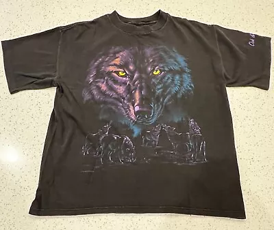 Wolf Pack Graphic T-Shirt Black Size L Habitat Single Stitch Sleeve ~Vintage 90s • $16.99