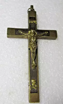 Vintage 4 1/4 Pectoral CRUCIFIX SKULL CROSS BONES Black Wood Brass Priest Nun • $27.99