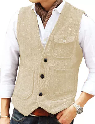 Mens Vintage Vests Wedding Cowboy Hunting Herringbone Waistcoat Large XL XXL 3XL • $25.19