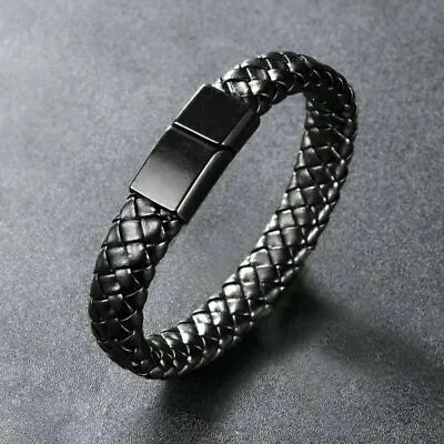 Black Men's Braided Leather Stainless Steel Cuff Bangle Bracelet Wristband • $6.99