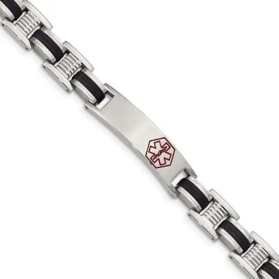 Men's Stainless Steel Black Rubber 8 Inch Medical I.D. Bracelet • $93.98