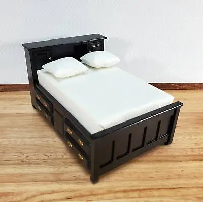 Dollhouse Captain's Bed With Drawers Double Black Finish 1:12 Scale Miniature • $29.99