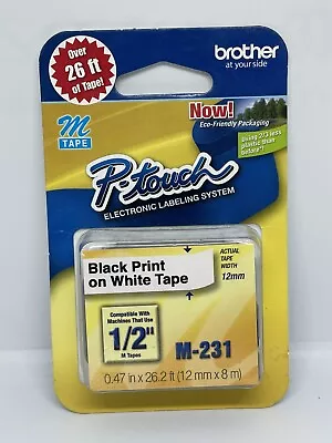 Brother P-Touch M-Tape M-231 -  1/2 Inch - Black Print On White Tape (B) • $4.99