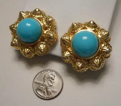 Vintage Ciner Etruscan Style Gold-tone & Turquoise Cabochon Button Clip Earrings • $49.99