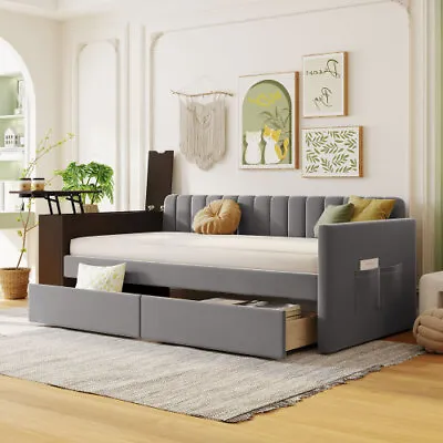 Modern Upholstered Daybed With Storage Drawers Armrest Cup Holder Sofa Bed Frame • $619.99