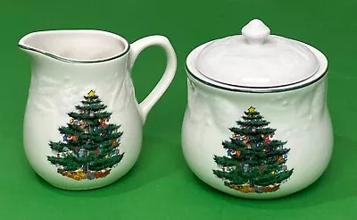 Vintage GEI CHINA Cream & Sugar Bowl With Lid Christmas Tree Pattern Kitchenware • $34