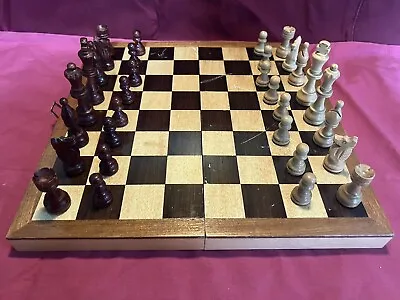 Vtg. Wood Chess SetNon-Magnetic Wood Board Folding Storage Box Hand Carved Pcs. • $25