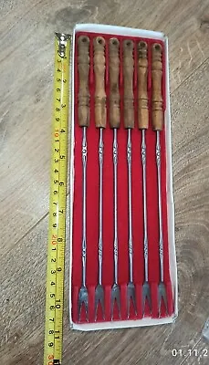 Vintage Fondue Forks Stainless Steel Wood Handles Color Coded In Box Lot 6 Pc • $19