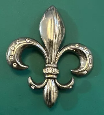 Vintage Jewelry Brooch Pin Rhinestone Fleur De Lis Silver Tone Metal Estate • $14