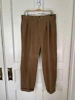 Brooks Brothers Men’s Tan Elliot Pants Pleated Measures 34x27.5 Hemmed • $22